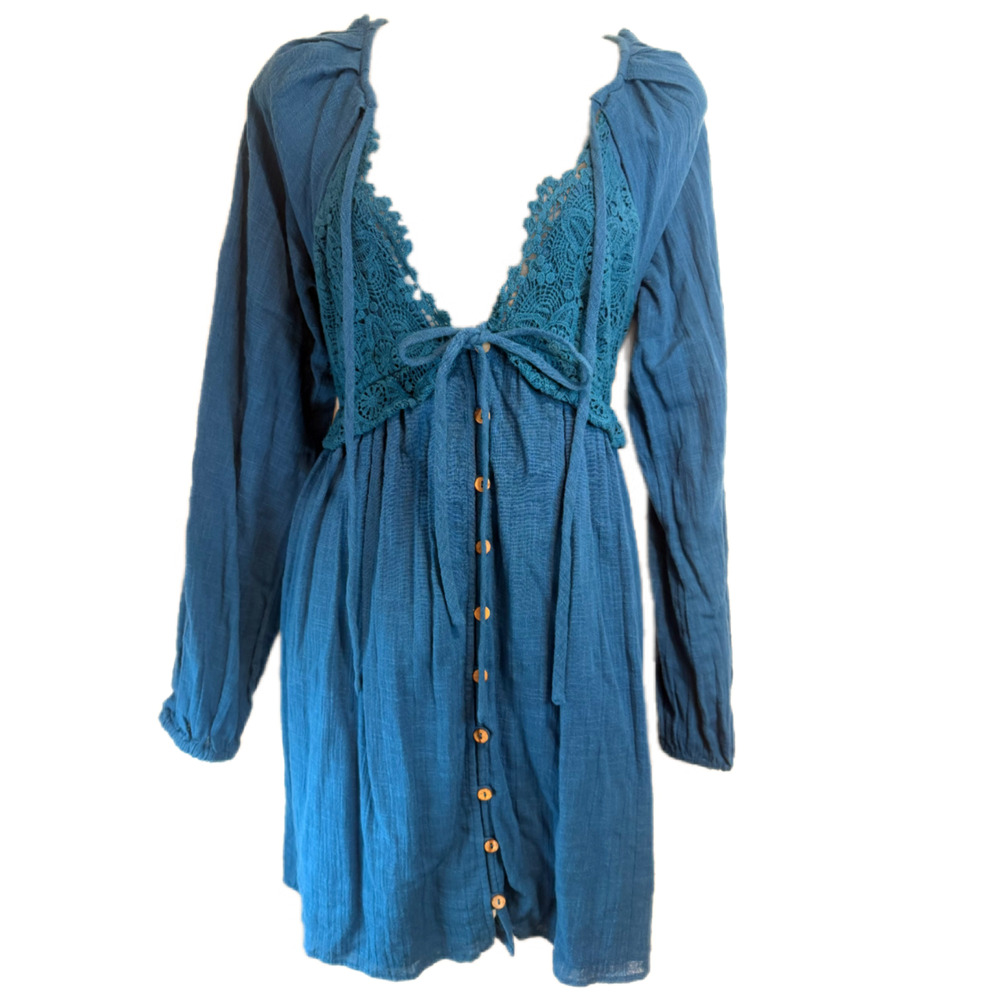 NWT Free People Blue Boho Lace Bodice Button Front Mini Dress Long Sleeve M